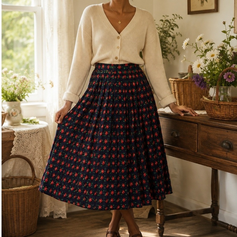 Handmade Vintage Rose Floral Pleated Cottagecore Dark Academia Fall Midi Skirt M